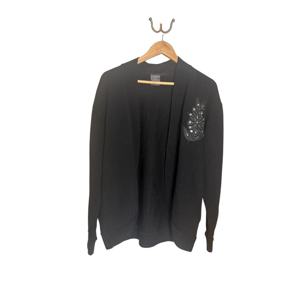 Black Embellished Cardigan Women's Open Front Embellishment Accent Large Vintage